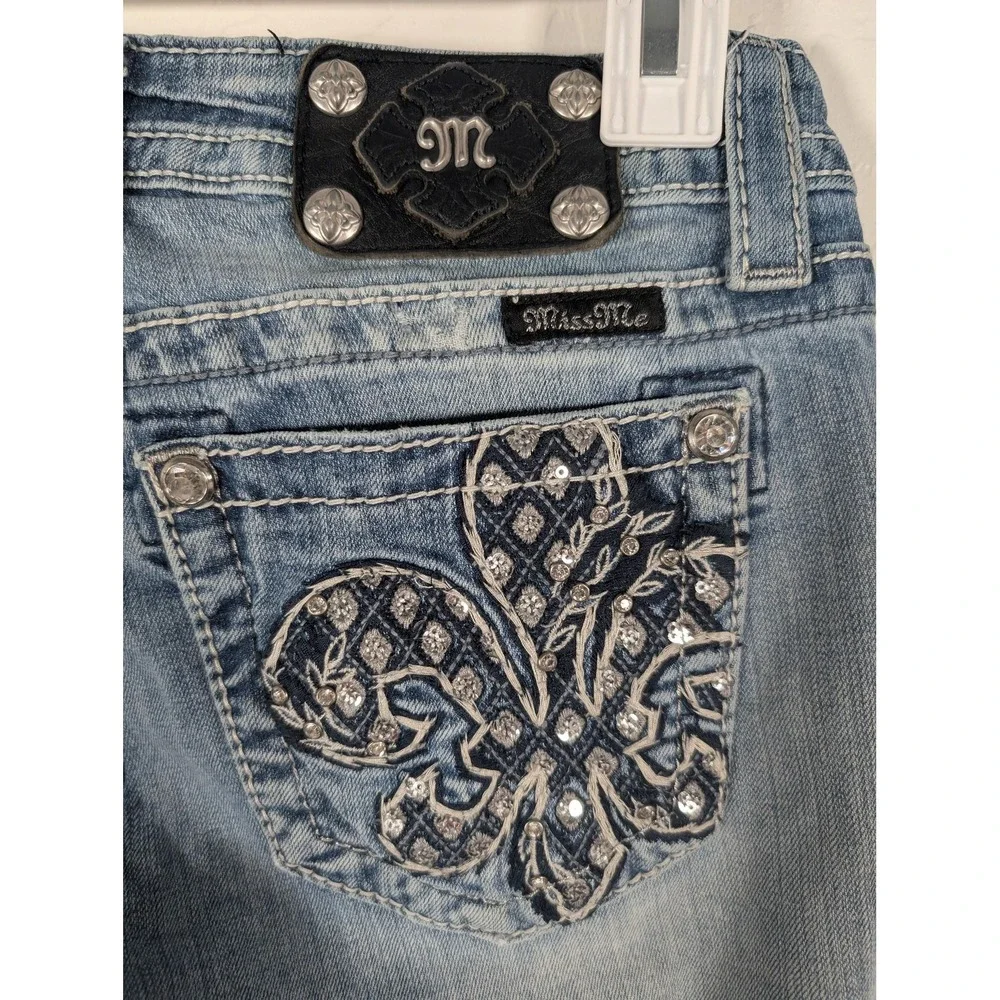 Miss Me Jeans Womens 26 Blue Skinny Stretch‎ Fleur de Lis Rhinestones JP578352
